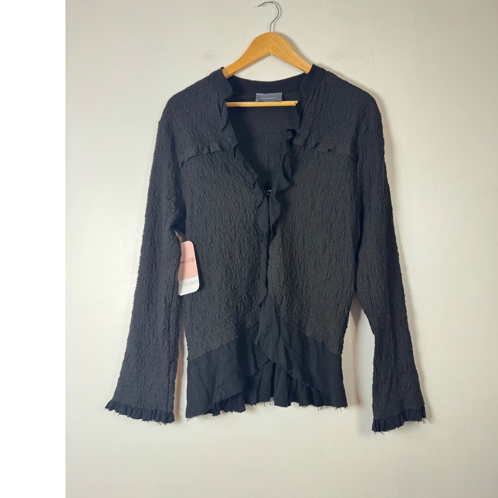 Whimsigoth Hudson Gray Womens LG NWT Cardigan Black Ruffle Raw Hem Hook Eye‎ Top